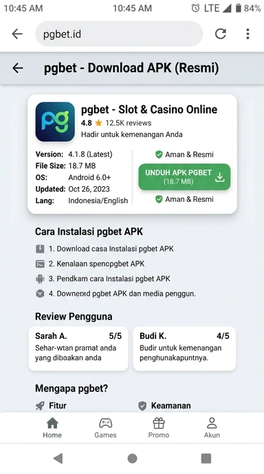 Tampilan halaman APK pgbet